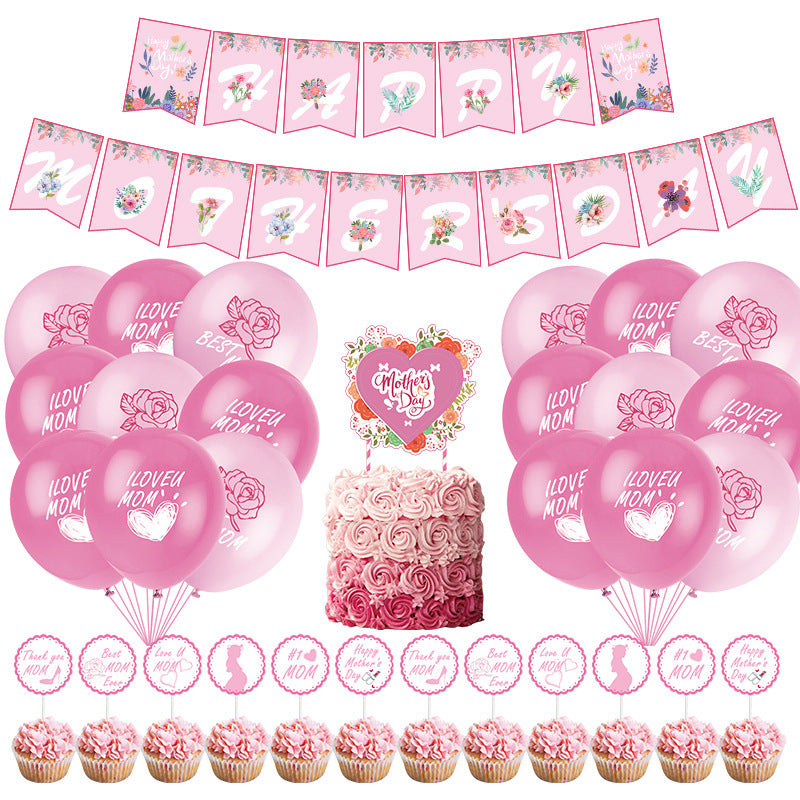 Mother's Day Decor Theme - "Happy Mother's Day" Banner, Cake Topper Flags, Balloons, and Party Supplies