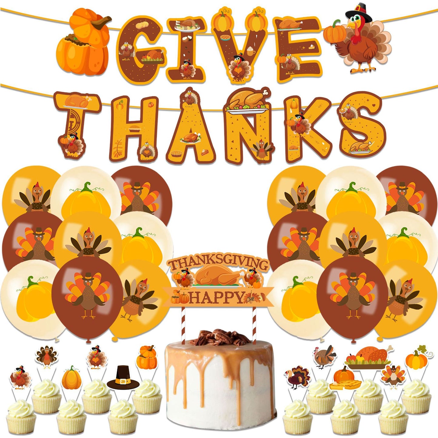 Thanksgiving Cake Topper "THANKS GIVE" Theme Party Gathering Banner Balloon Bunting Set