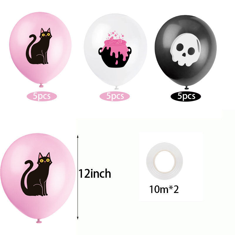 Pink Halloween Theme Party Skeleton Balloon Black Cat Banner Pull Flag Cake Insert Flag Insert Row Balloon Decoration