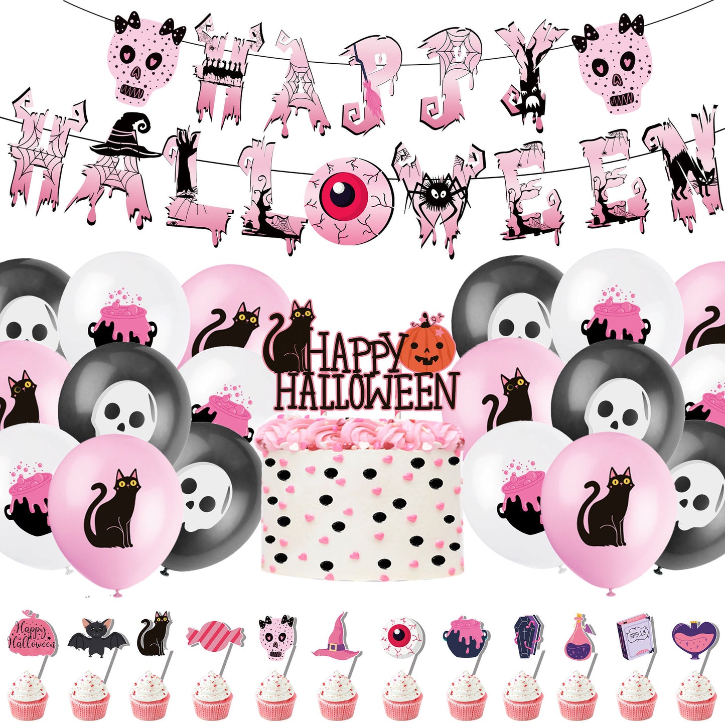 Pink Halloween Theme Party Skeleton Balloon Black Cat Banner Pull Flag Cake Insert Flag Insert Row Balloon Decoration