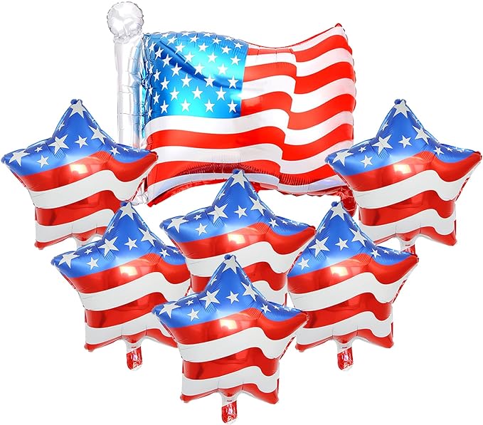 7PCS 4th of July Foil Balloons Patriotic Independence Day Balloons American Flag Five Stars Patriotic Party Foil Balloons, Labor Day, Birthday Party Patriotic Decorations Supplies 7Pcs