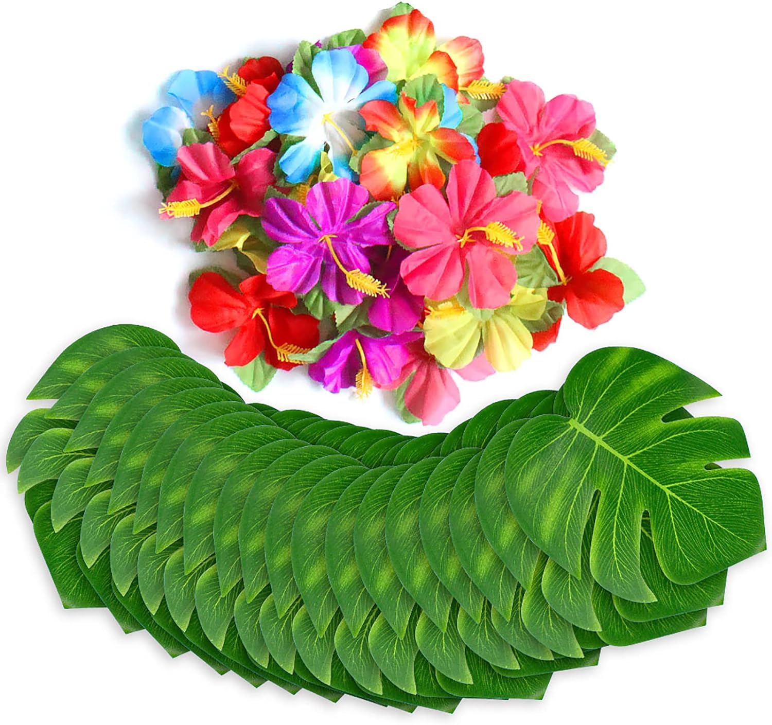 126 pcs/60 pcs Tropical Party Decorations Tropical Palm Leaves Hibiscus Flower Faux Artificial Leaves For Hawaii Luau Safari Party Jungle Beach Theme BBQ Birthday Party Decoration Table Decoration Birthday Table Decoration