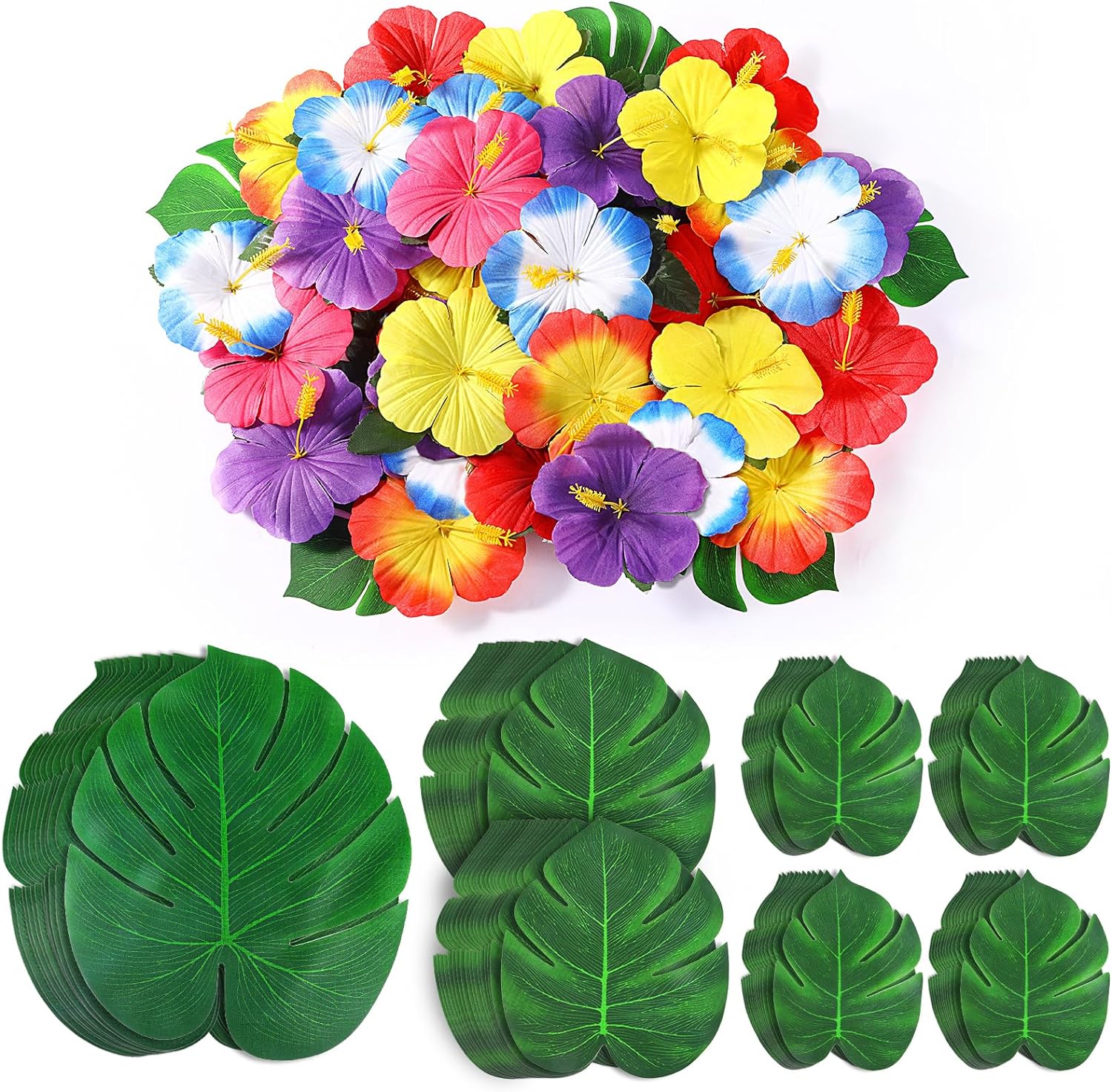 126 pcs/60 pcs Tropical Party Decorations Tropical Palm Leaves Hibiscus Flower Faux Artificial Leaves For Hawaii Luau Safari Party Jungle Beach Theme BBQ Birthday Party Decoration Table Decoration Birthday Table Decoration