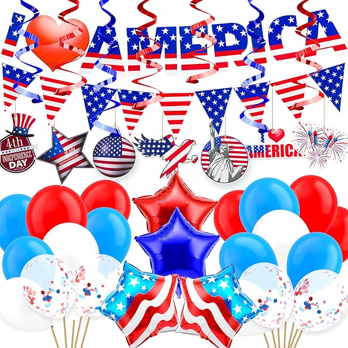 4th of July Decoration Kit, Patriotic Independence Day Balloons Indoor and Outdoor, Veterans Day Themed Party Supplies, American Flag Red White and Blue Decorations