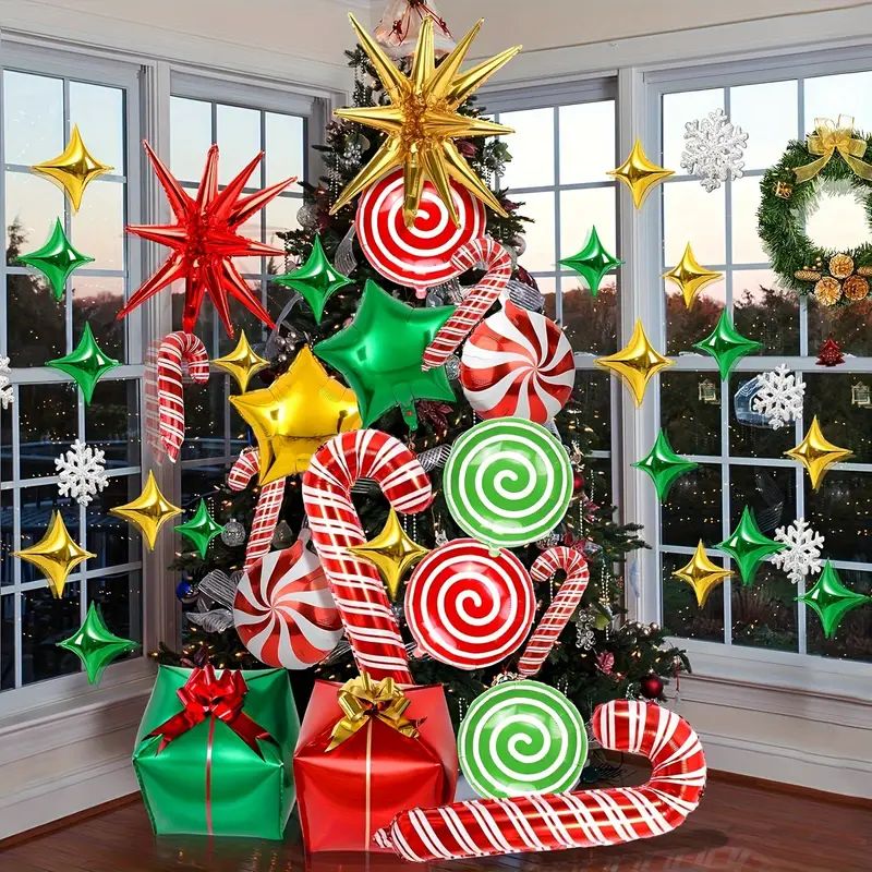 46pcs Merry Christmas Balloons, Christmas Party Supplies Birthday Decorations, Christmas Candy Foil Balloon Garland Arch Kit, Cane Swirl Mylar Candy Balloons, Winter New Year Holiday Party