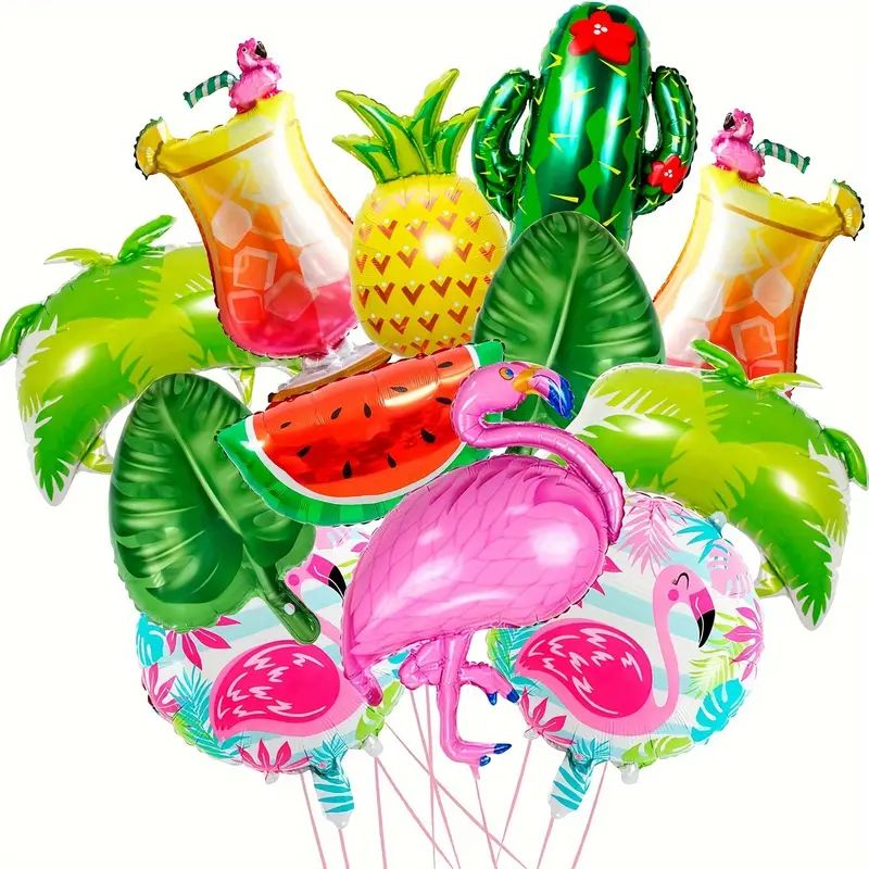 12 Piece Tropical Hawaiian Party Balloon Set, Aloha Themed Foil Helium Balloon Pack Includes Giant Flamingo, Palm Leaf, Glass, Pineapple, Coconut Tree and Cactus Balloons for Summer Beach Birthday Holiday Celebration Room Decoration
