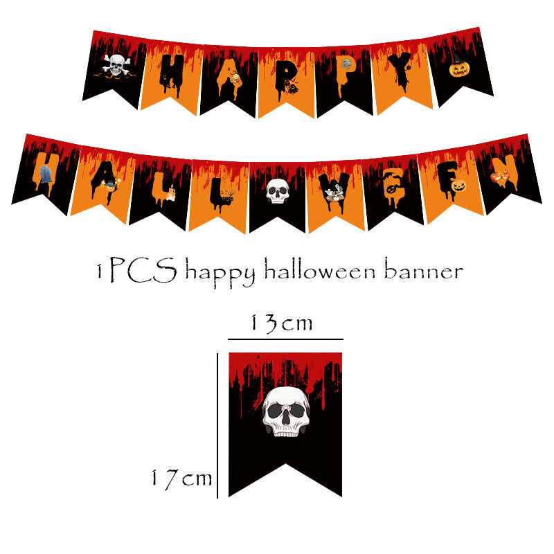 Halloween Skeleton Pumpkin Halloween Flag Banner Latex Balloon Cake Plug Set Decoration