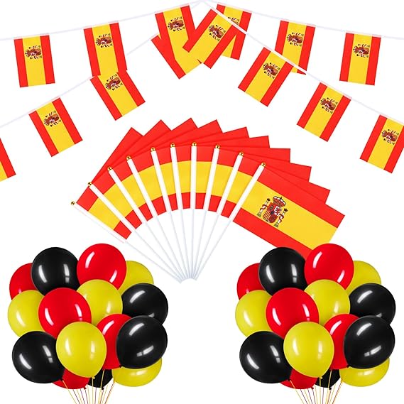 Spain Flag Decoration Set with Flag Chain 10 No Hand Flags 30 Balloons Party Banner Balloons Decoration for Party Sports Competition Football Games Parade (Spain)