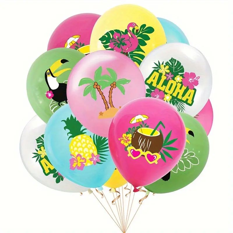 One Dozen, Hawaiian Theme Party Balloons, Colourful 12 inch Latex Balloon Set with Pineapple and Coconut Tree Design, Tropical Deer Island Decorative Balloons, Suitable for Summer Party Decoration