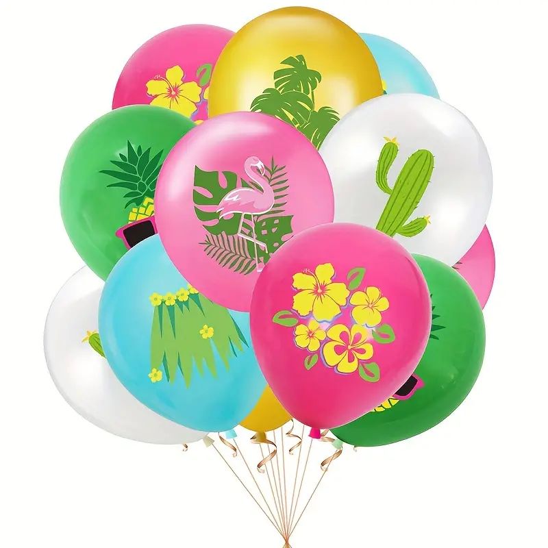 One Dozen, Hawaiian Theme Party Balloons, Colourful 12 inch Latex Balloon Set with Pineapple and Coconut Tree Design, Tropical Deer Island Decorative Balloons, Suitable for Summer Party Decoration