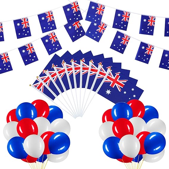 Australian Flag Set with Australia Flag Chain Bunting 10 Pieces Handheld Mini Flag 30 Pieces Party Balloons Australian Banner Set for Australian Patriotic Theme Party Decoration
