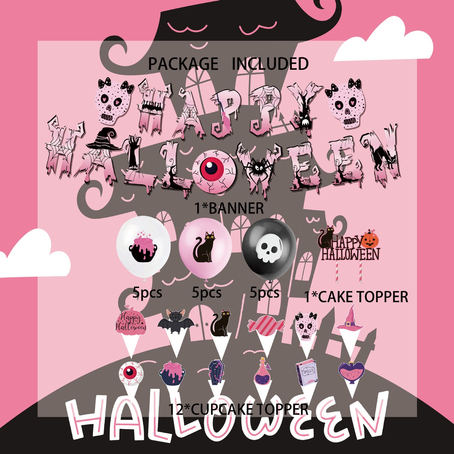 Pink Halloween Theme Party Skeleton Balloon Black Cat Banner Pull Flag Cake Insert Flag Insert Row Balloon Decoration