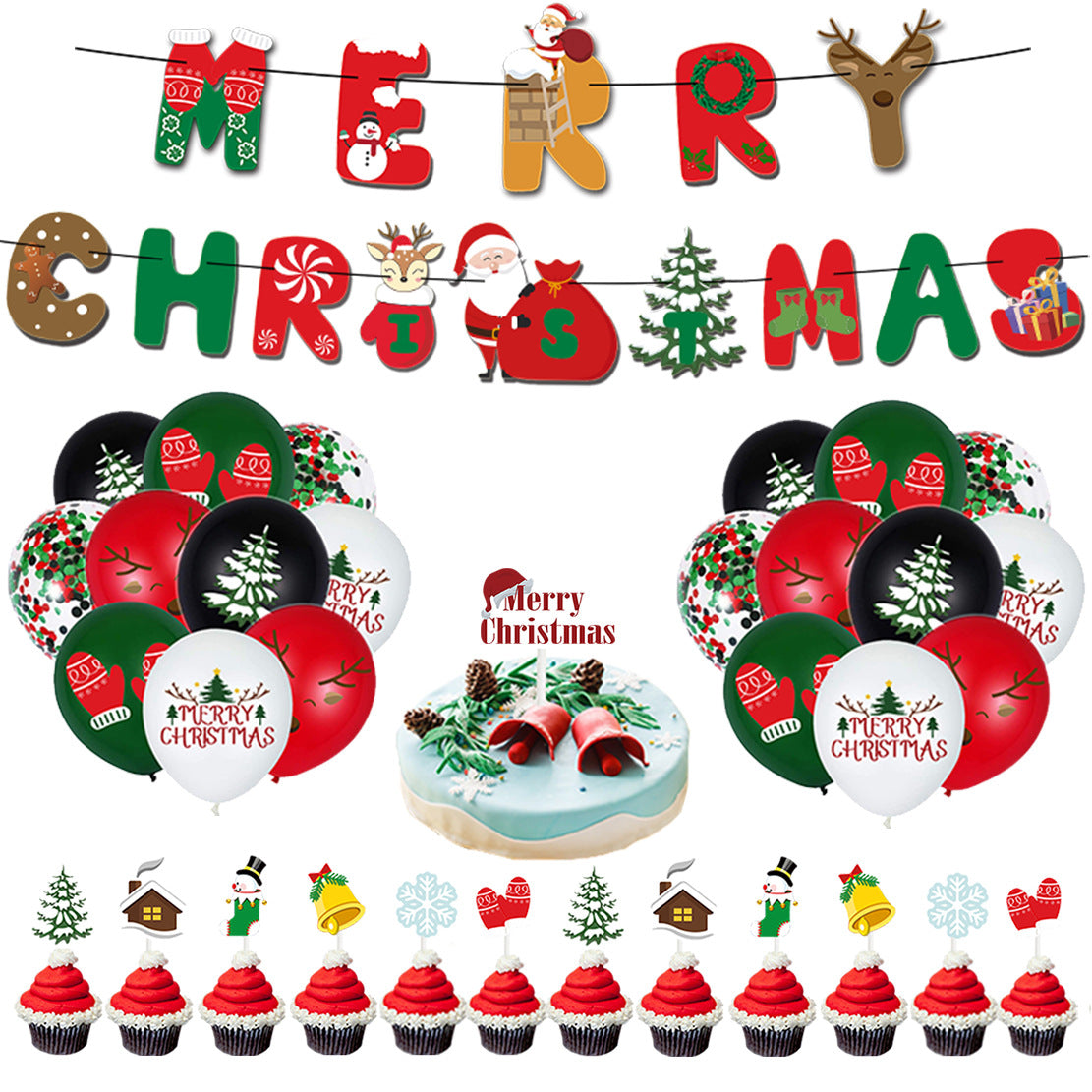 Christmas Theme Santa Claus, Christmas Tree, Reindeer, Snowman Banner, Bunting, Cake Topper, Balloons for Party Atmosphere Decoration