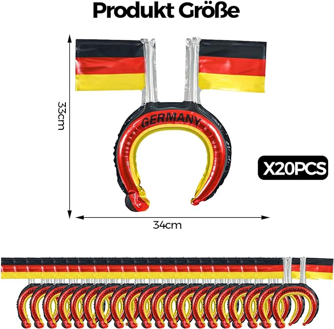 Pack of 20 Germany Flag Foil Balloon Headband, Germany Flag Headband Balloons Birthday Decoration, Children's Birthday Decoration, German Flag Helium Balloon for Sports Competition, Birthday
