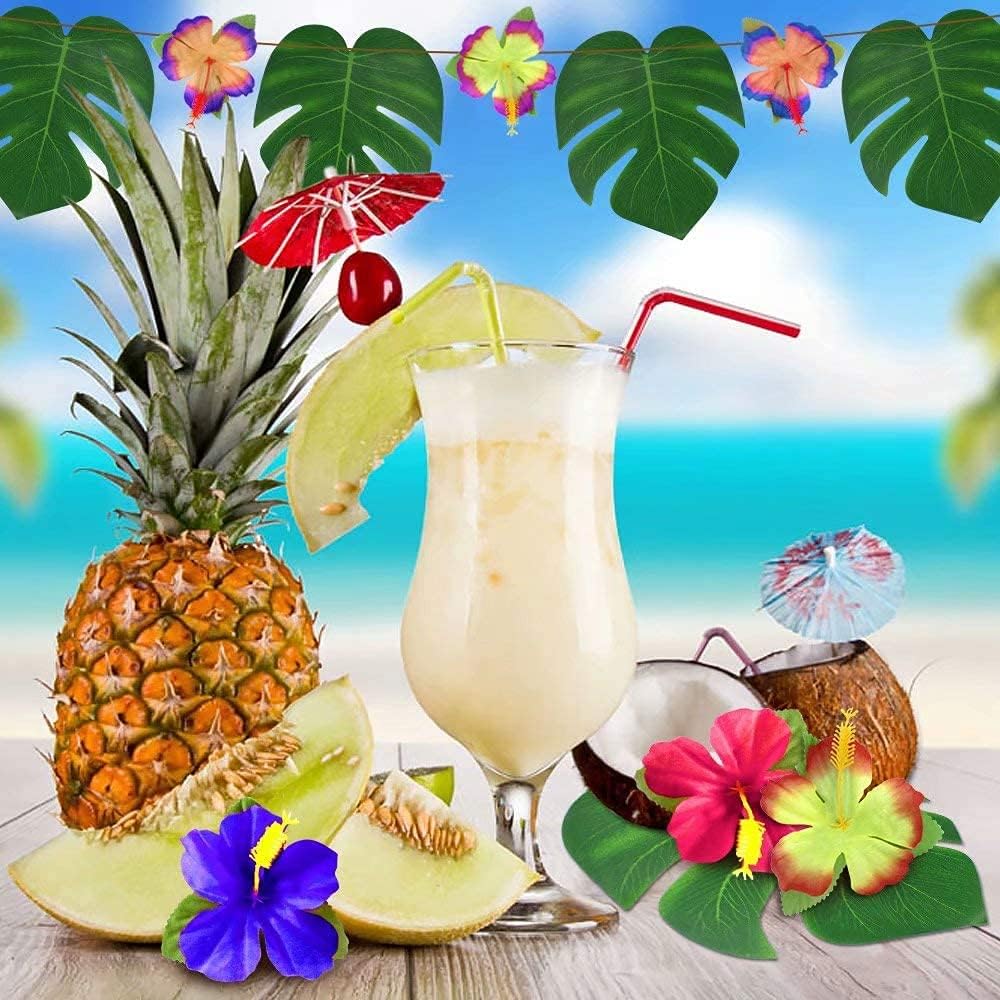 126 pcs/60 pcs Tropical Party Decorations Tropical Palm Leaves Hibiscus Flower Faux Artificial Leaves For Hawaii Luau Safari Party Jungle Beach Theme BBQ Birthday Party Decoration Table Decoration Birthday Table Decoration