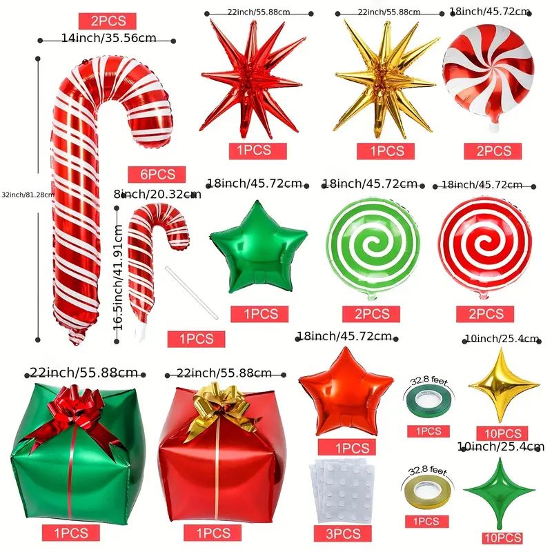 46pcs Merry Christmas Balloons, Christmas Party Supplies Birthday Decorations, Christmas Candy Foil Balloon Garland Arch Kit, Cane Swirl Mylar Candy Balloons, Winter New Year Holiday Party
