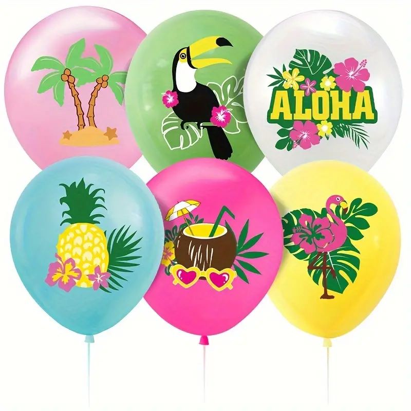 One Dozen, Hawaiian Theme Party Balloons, Colourful 12 inch Latex Balloon Set with Pineapple and Coconut Tree Design, Tropical Deer Island Decorative Balloons, Suitable for Summer Party Decoration