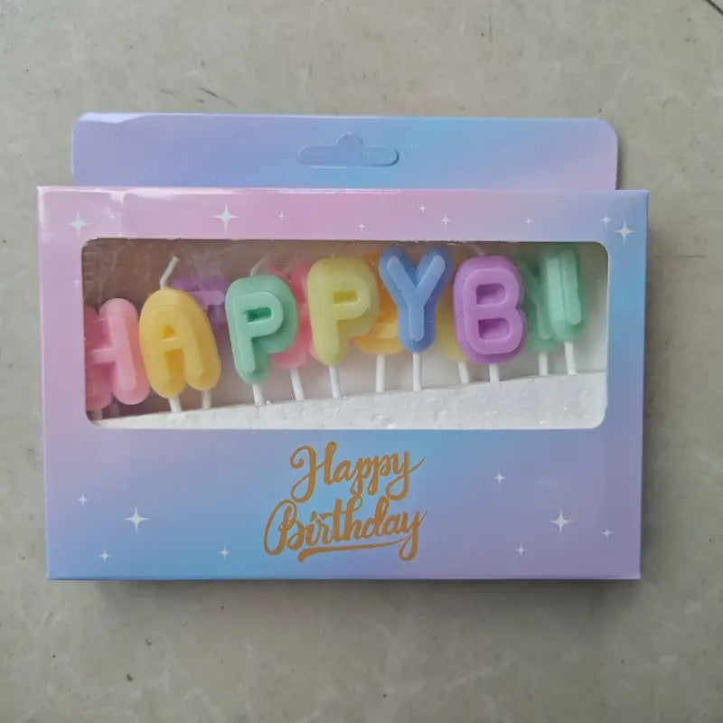 Multi-coloured monogram ‘HAPPY BIRTHDAY’ birthday candles, single wick paraffin wax, Valentine's Day, Christmas, Halloween, Easter and other celebrations, cute cartoon style cake decorations - 1 piece