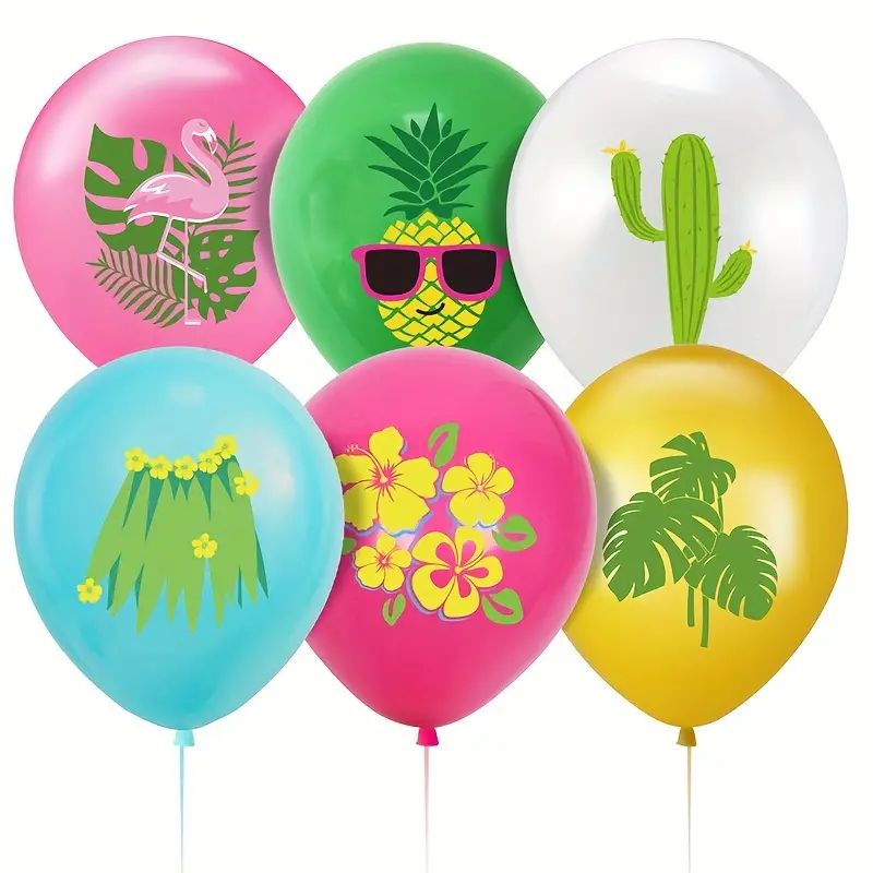 One Dozen, Hawaiian Theme Party Balloons, Colourful 12 inch Latex Balloon Set with Pineapple and Coconut Tree Design, Tropical Deer Island Decorative Balloons, Suitable for Summer Party Decoration