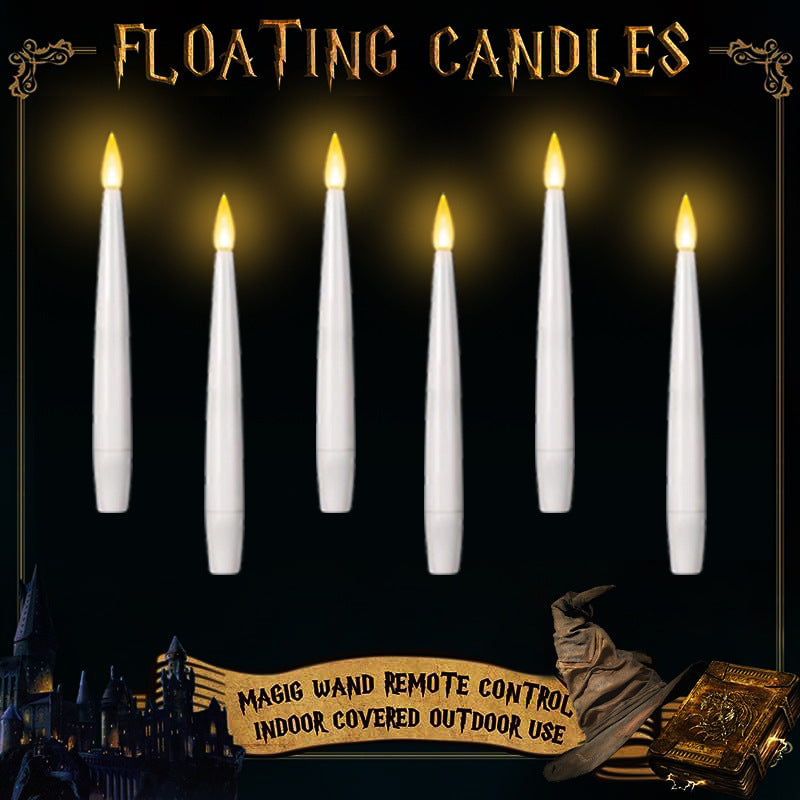 6.1" x 0.7" Floating Flameless Candle with Candle Wand Remote and Timer, Hanging White LED Tapered Candle, Flickering Warm Light, Battery Operated, Halloween Christmas Theme Party Window Decorations 12 Piece Set Includes One Magic Wand
