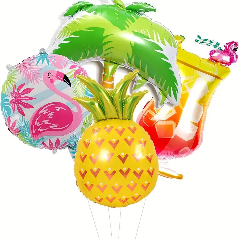 12 Piece Tropical Hawaiian Party Balloon Set, Aloha Themed Foil Helium Balloon Pack Includes Giant Flamingo, Palm Leaf, Glass, Pineapple, Coconut Tree and Cactus Balloons for Summer Beach Birthday Holiday Celebration Room Decoration