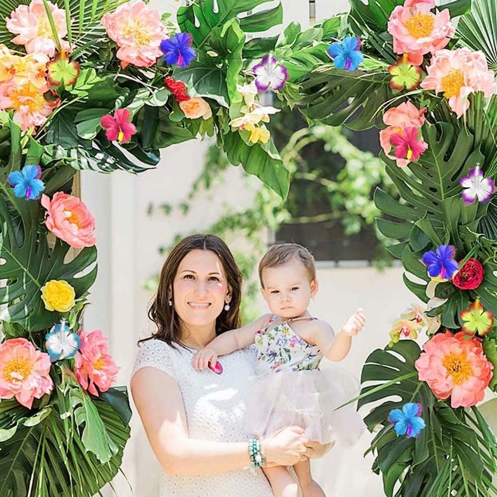 126 pcs/60 pcs Tropical Party Decorations Tropical Palm Leaves Hibiscus Flower Faux Artificial Leaves For Hawaii Luau Safari Party Jungle Beach Theme BBQ Birthday Party Decoration Table Decoration Birthday Table Decoration