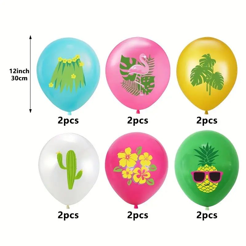 One Dozen, Hawaiian Theme Party Balloons, Colourful 12 inch Latex Balloon Set with Pineapple and Coconut Tree Design, Tropical Deer Island Decorative Balloons, Suitable for Summer Party Decoration