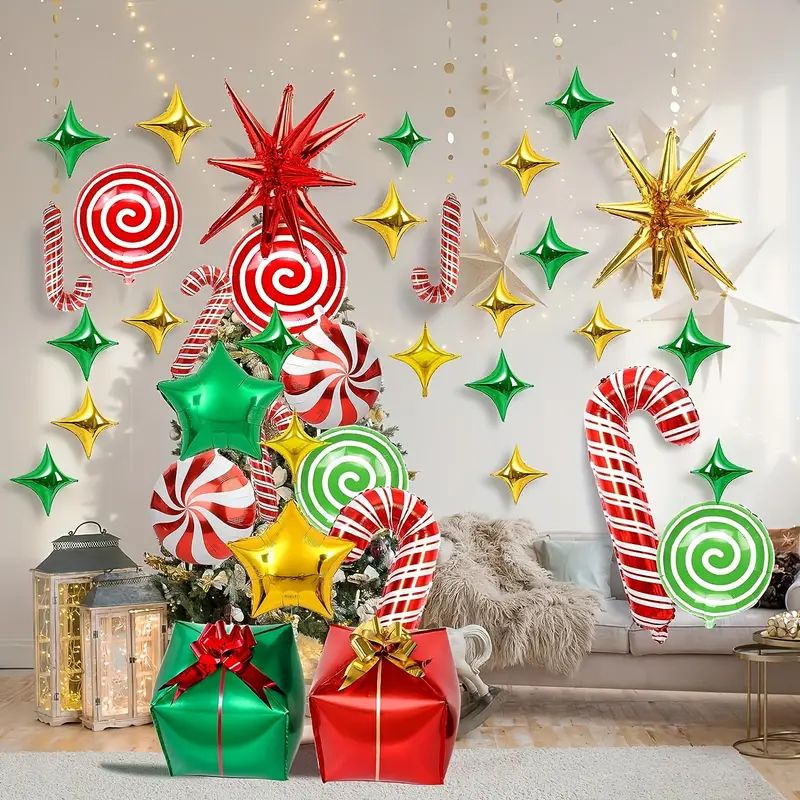 46pcs Merry Christmas Balloons, Christmas Party Supplies Birthday Decorations, Christmas Candy Foil Balloon Garland Arch Kit, Cane Swirl Mylar Candy Balloons, Winter New Year Holiday Party