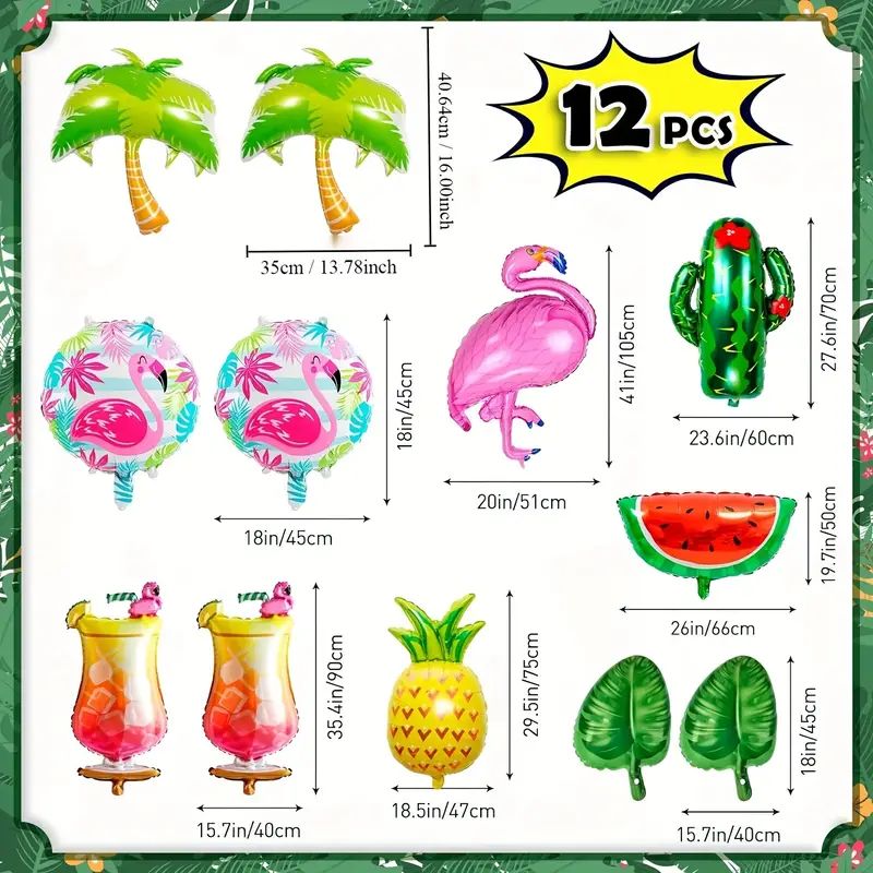 12 Piece Tropical Hawaiian Party Balloon Set, Aloha Themed Foil Helium Balloon Pack Includes Giant Flamingo, Palm Leaf, Glass, Pineapple, Coconut Tree and Cactus Balloons for Summer Beach Birthday Holiday Celebration Room Decoration