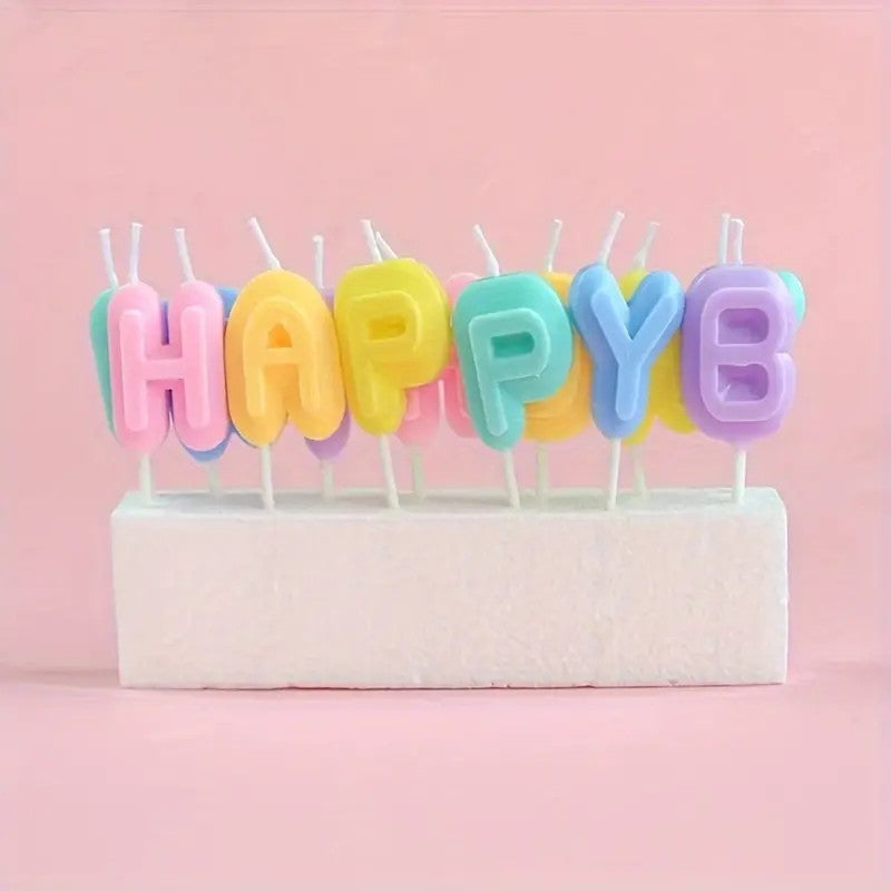 Multi-coloured monogram ‘HAPPY BIRTHDAY’ birthday candles, single wick paraffin wax, Valentine's Day, Christmas, Halloween, Easter and other celebrations, cute cartoon style cake decorations - 1 piece