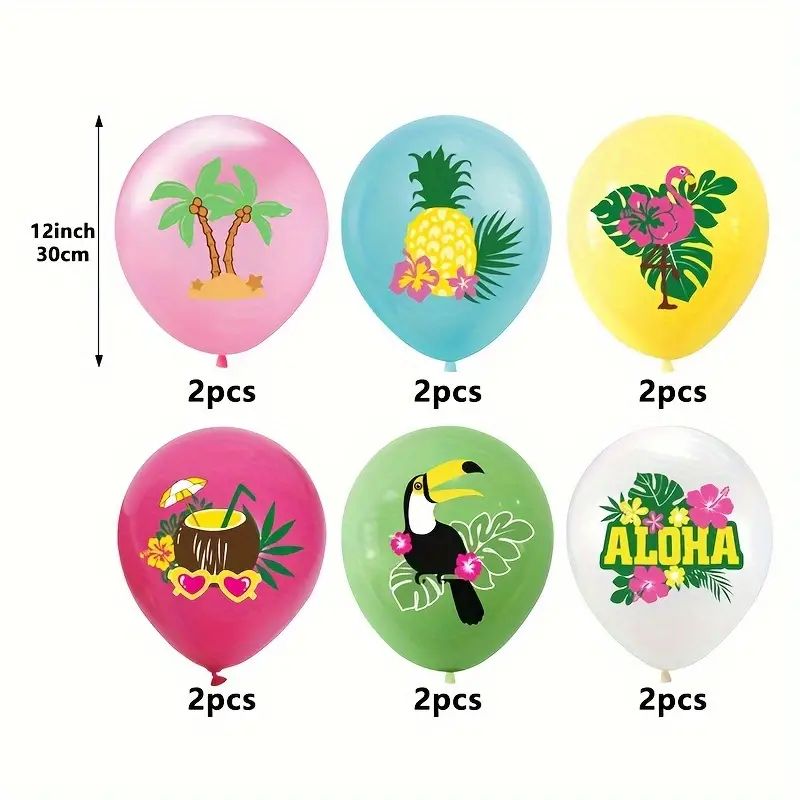 One Dozen, Hawaiian Theme Party Balloons, Colourful 12 inch Latex Balloon Set with Pineapple and Coconut Tree Design, Tropical Deer Island Decorative Balloons, Suitable for Summer Party Decoration