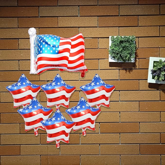 7PCS 4th of July Foil Balloons Patriotic Independence Day Balloons American Flag Five Stars Patriotic Party Foil Balloons, Labor Day, Birthday Party Patriotic Decorations Supplies 7Pcs
