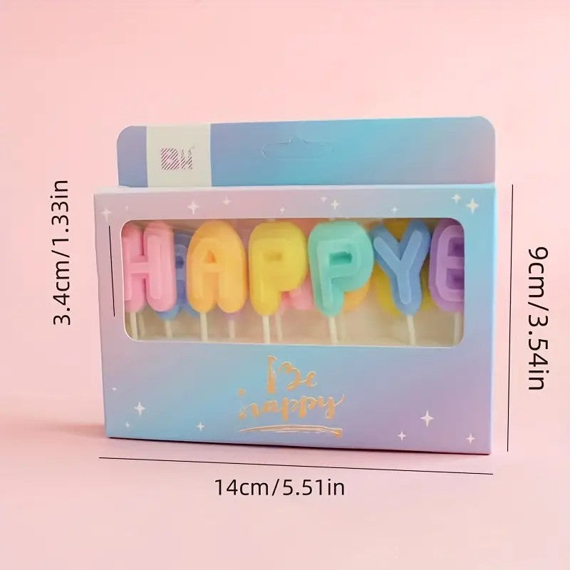 Multi-coloured monogram ‘HAPPY BIRTHDAY’ birthday candles, single wick paraffin wax, Valentine's Day, Christmas, Halloween, Easter and other celebrations, cute cartoon style cake decorations - 1 piece