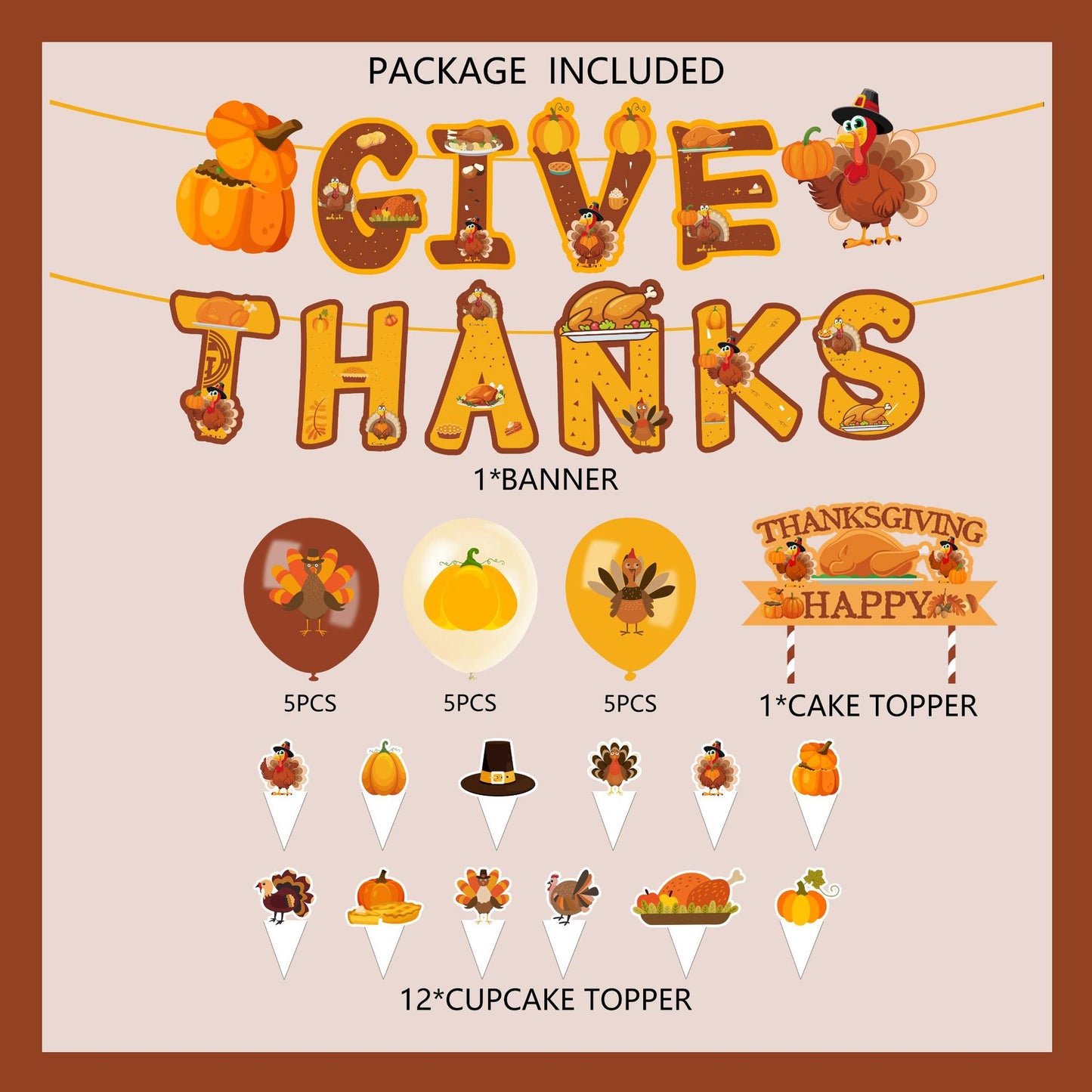Thanksgiving Cake Topper "THANKS GIVE" Theme Party Gathering Banner Balloon Bunting Set
