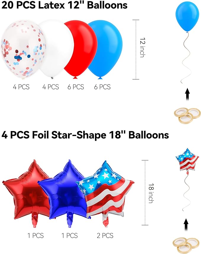 4th of July Decoration Kit, Patriotic Independence Day Balloons Indoor and Outdoor, Veterans Day Themed Party Supplies, American Flag Red White and Blue Decorations