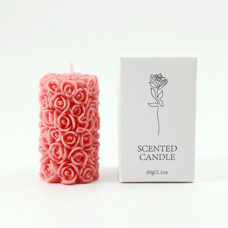 Handmade Rose Pillar Aromatherapy Candle Sculpture Modeling Scented Smokeless Candle Holder Ornament Birthday Candle Gift