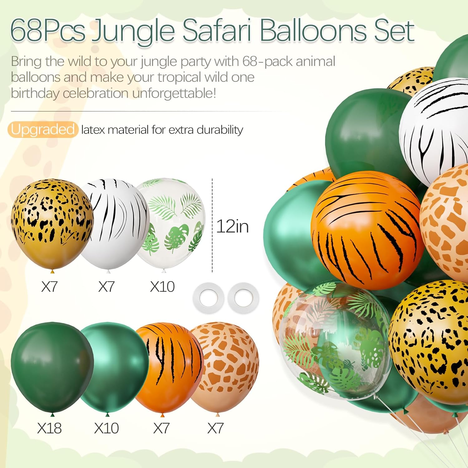 Jungle Party Decorations, Jungle Safari Balloons, 68 Piece Animal Balloon Set, Boys and Girls Jungle Safari Baby Party Decorations, Tropical Safari Birthday Party Supplies, 12 Inches