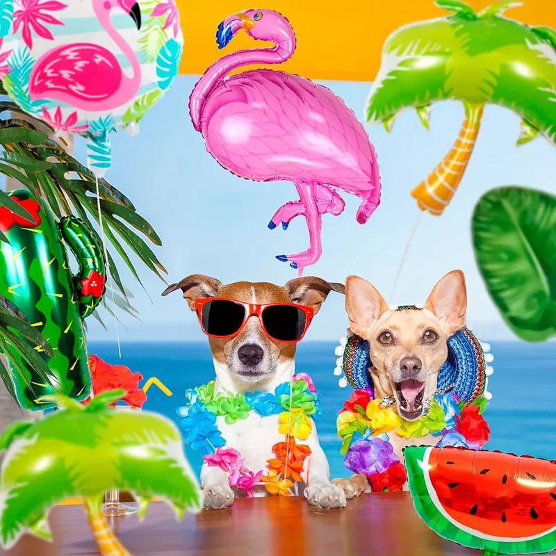 12 Piece Tropical Hawaiian Party Balloon Set, Aloha Themed Foil Helium Balloon Pack Includes Giant Flamingo, Palm Leaf, Glass, Pineapple, Coconut Tree and Cactus Balloons for Summer Beach Birthday Holiday Celebration Room Decoration
