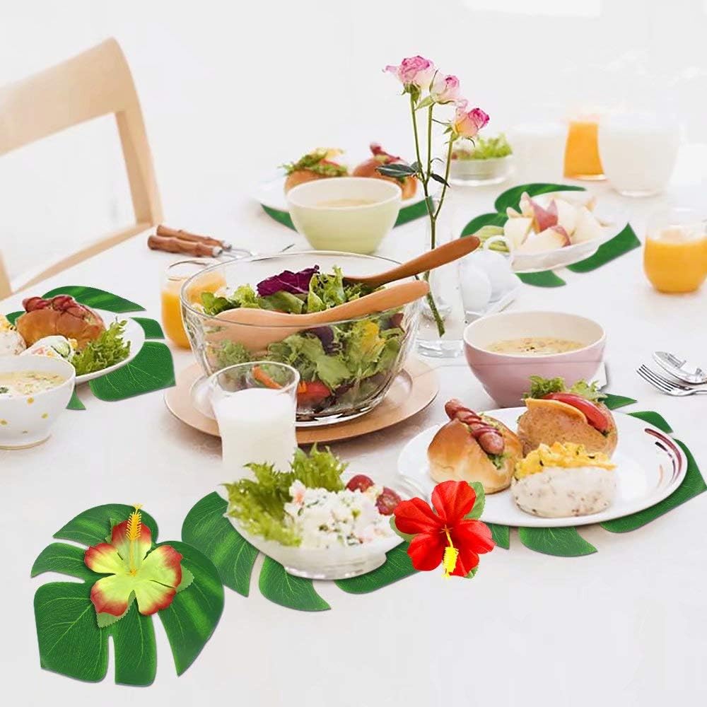 126 pcs/60 pcs Tropical Party Decorations Tropical Palm Leaves Hibiscus Flower Faux Artificial Leaves For Hawaii Luau Safari Party Jungle Beach Theme BBQ Birthday Party Decoration Table Decoration Birthday Table Decoration