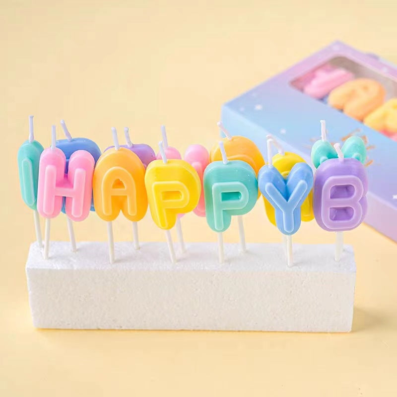 Multi-coloured monogram ‘HAPPY BIRTHDAY’ birthday candles, single wick paraffin wax, Valentine's Day, Christmas, Halloween, Easter and other celebrations, cute cartoon style cake decorations - 1 piece