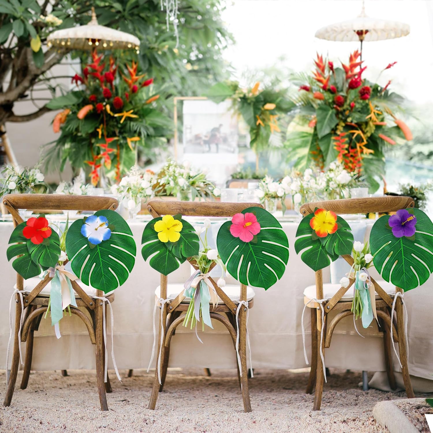 126 pcs/60 pcs Tropical Party Decorations Tropical Palm Leaves Hibiscus Flower Faux Artificial Leaves For Hawaii Luau Safari Party Jungle Beach Theme BBQ Birthday Party Decoration Table Decoration Birthday Table Decoration