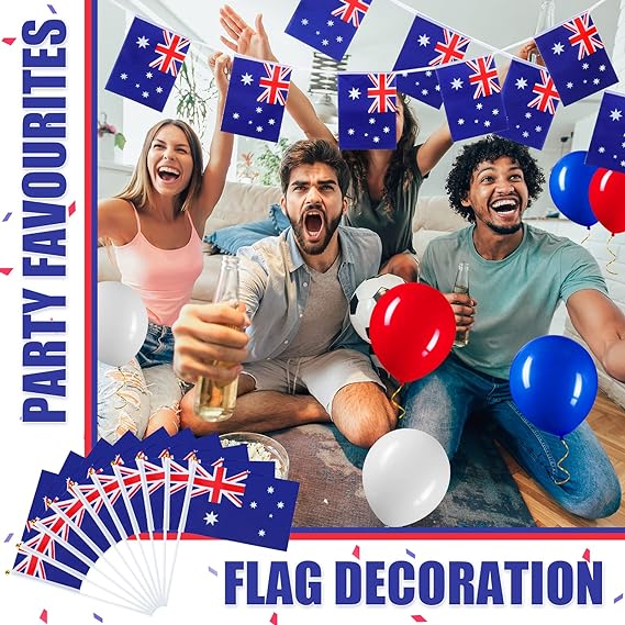Australian Flag Set with Australia Flag Chain Bunting 10 Pieces Handheld Mini Flag 30 Pieces Party Balloons Australian Banner Set for Australian Patriotic Theme Party Decoration