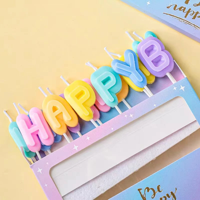Multi-coloured monogram ‘HAPPY BIRTHDAY’ birthday candles, single wick paraffin wax, Valentine's Day, Christmas, Halloween, Easter and other celebrations, cute cartoon style cake decorations - 1 piece