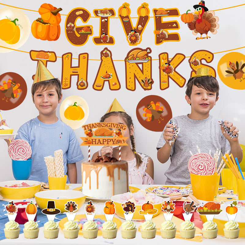 Thanksgiving Cake Topper "THANKS GIVE" Theme Party Gathering Banner Balloon Bunting Set