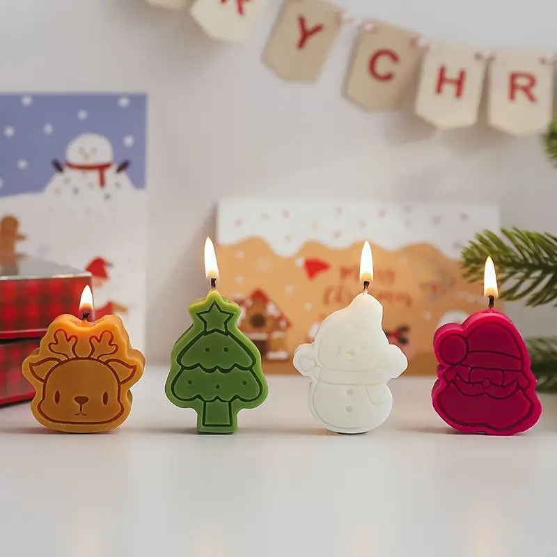 4 Piece Christmas Themed Scented Candle, Christmas Snowman Gingerbread Man Tree Bells and Father Christmas Cute Design Scented Candle