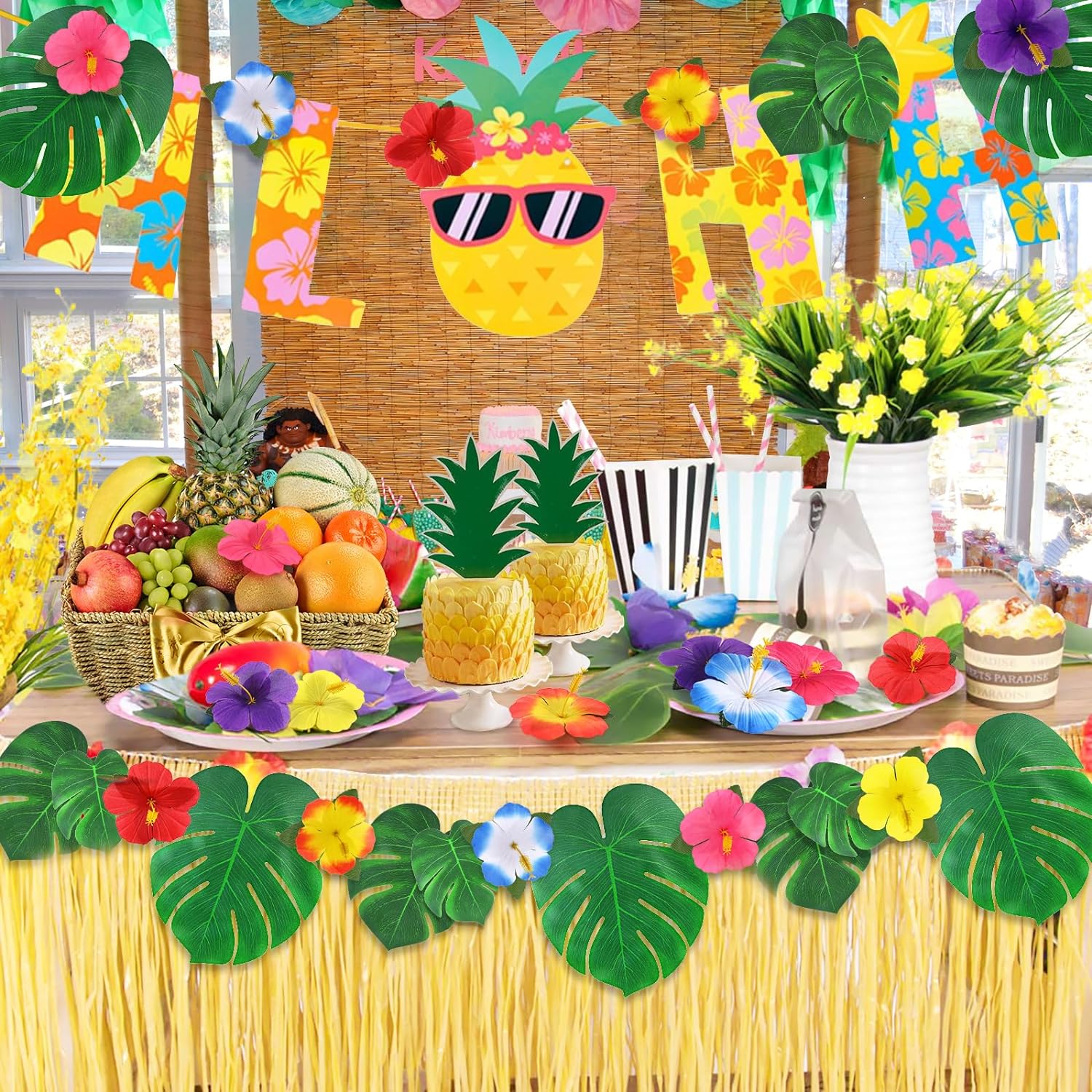126 pcs/60 pcs Tropical Party Decorations Tropical Palm Leaves Hibiscus Flower Faux Artificial Leaves For Hawaii Luau Safari Party Jungle Beach Theme BBQ Birthday Party Decoration Table Decoration Birthday Table Decoration