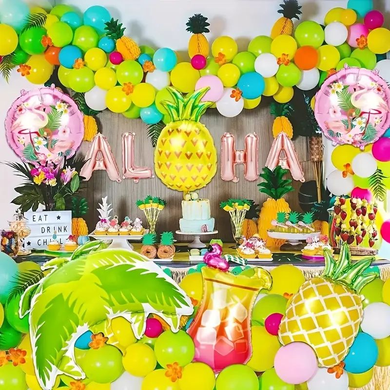 12 Piece Tropical Hawaiian Party Balloon Set, Aloha Themed Foil Helium Balloon Pack Includes Giant Flamingo, Palm Leaf, Glass, Pineapple, Coconut Tree and Cactus Balloons for Summer Beach Birthday Holiday Celebration Room Decoration