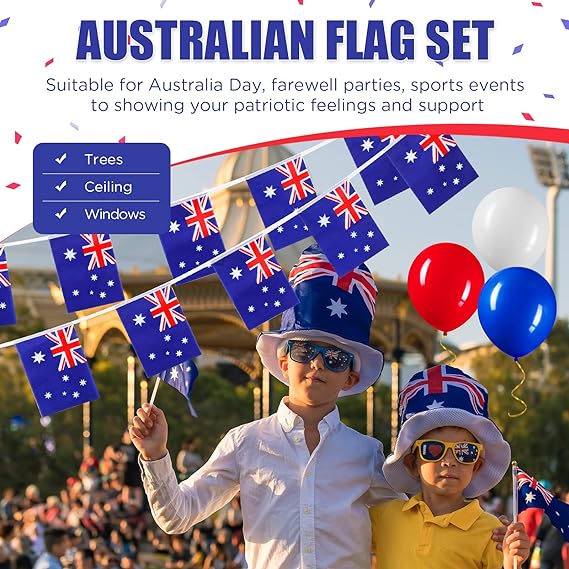 Australian Flag Set with Australia Flag Chain Bunting 10 Pieces Handheld Mini Flag 30 Pieces Party Balloons Australian Banner Set for Australian Patriotic Theme Party Decoration