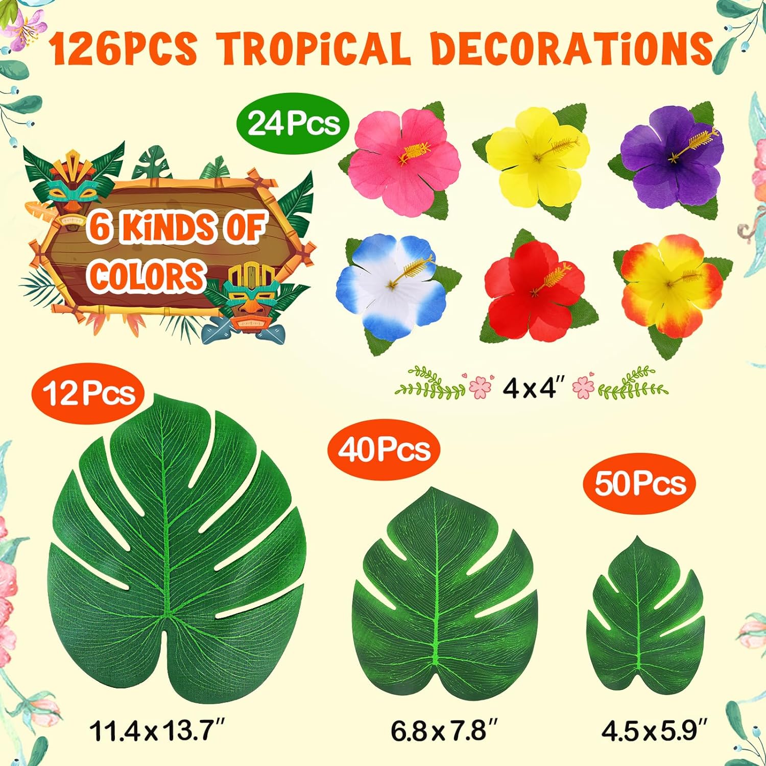 126 pcs/60 pcs Tropical Party Decorations Tropical Palm Leaves Hibiscus Flower Faux Artificial Leaves For Hawaii Luau Safari Party Jungle Beach Theme BBQ Birthday Party Decoration Table Decoration Birthday Table Decoration