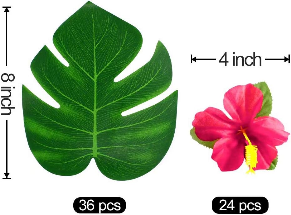 126 pcs/60 pcs Tropical Party Decorations Tropical Palm Leaves Hibiscus Flower Faux Artificial Leaves For Hawaii Luau Safari Party Jungle Beach Theme BBQ Birthday Party Decoration Table Decoration Birthday Table Decoration